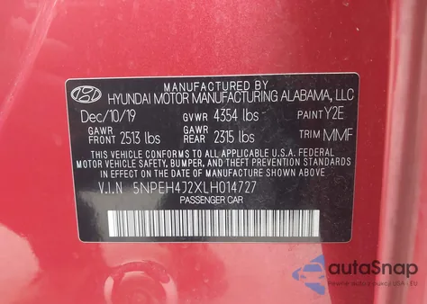 2020 Hyundai Sonata Limited z USA, uszkodzony, nr VIN 5NPEH4J2XLH014727